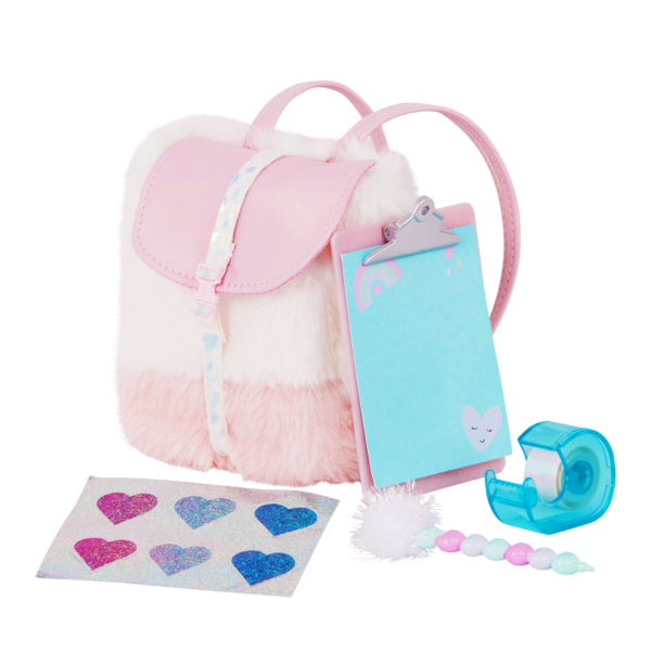 Our Generation Doll fuzzy pink and white Backpack and accessories including heart stickers, clipboard, tape and pen