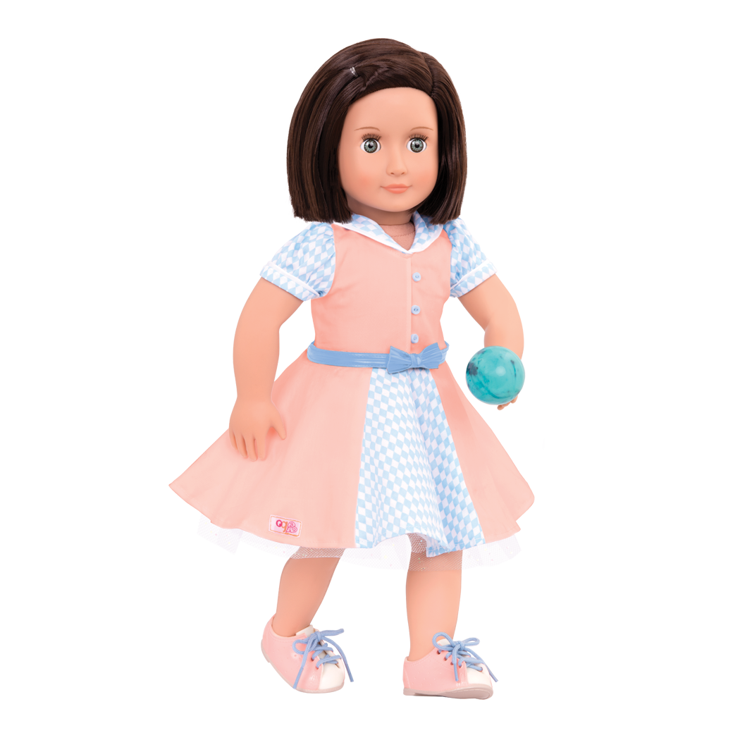 Bowling Belle retro outfit Everly doll holding ball